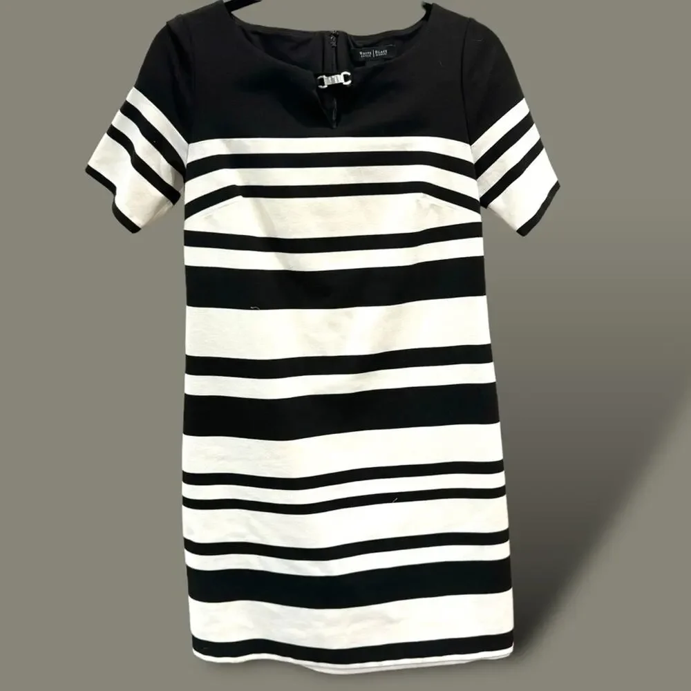 WHITE HOUSE BLACK MARKET ecru & black stripe shift dress size 4 Easter Sunday - Picture 2 of 13